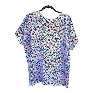 Vintage 90s White Background Quirky Colorful Geometric Pattern Blouse Size Large
